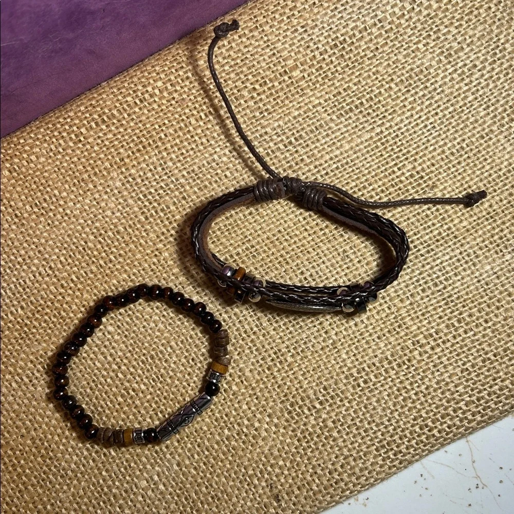 Chic Beaded & Braided Leather Bracelet with Beads & Flower Pendant Bundle (H)